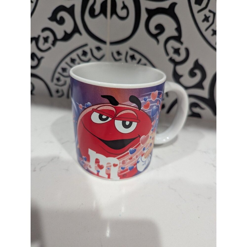 Red M&M with Valentine Love Hearts Coffee Cup Mug! Red is the Color of Love